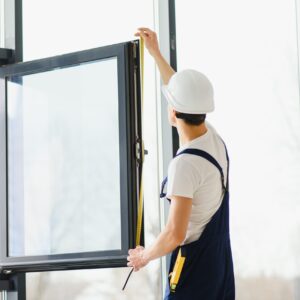 Construction worker installing window in house