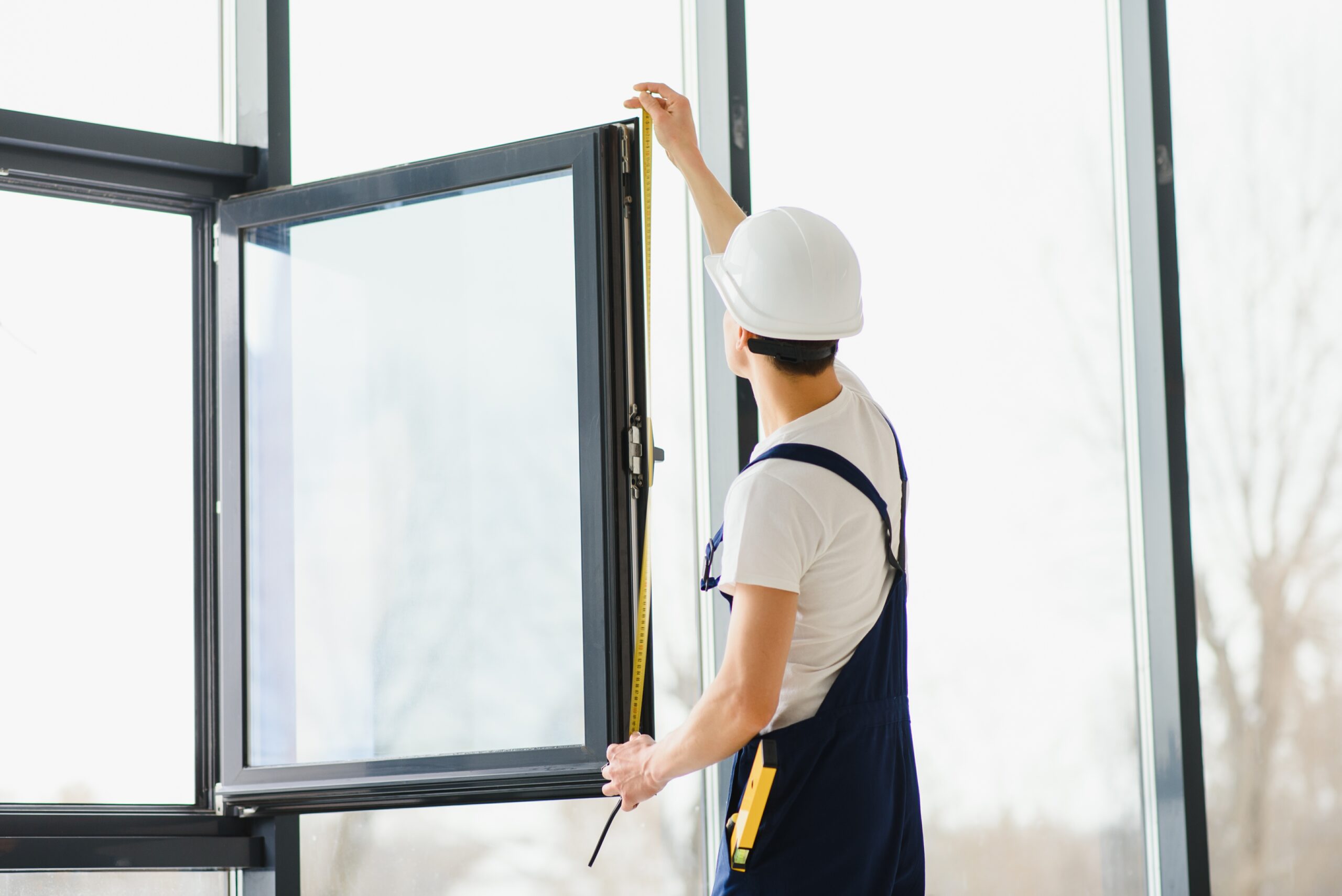 Construction worker installing window in house